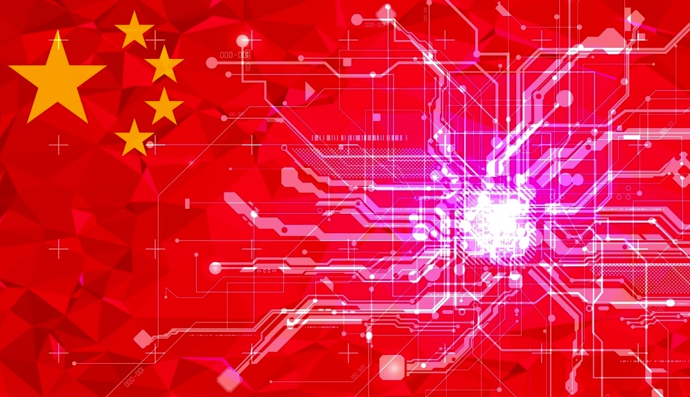  A red background with a circuit board pattern and five yellow stars in the upper left corner represents a China-based cyber campaign.