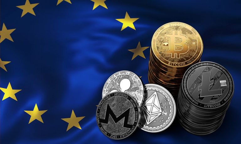 EU flag with crypto tokens