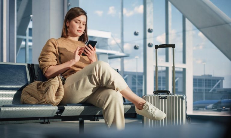 woman with travel app