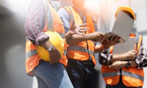 construction workers with laptop