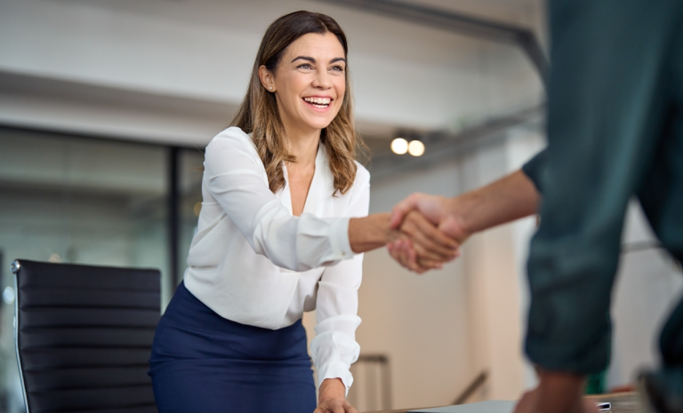 banker greeting customer